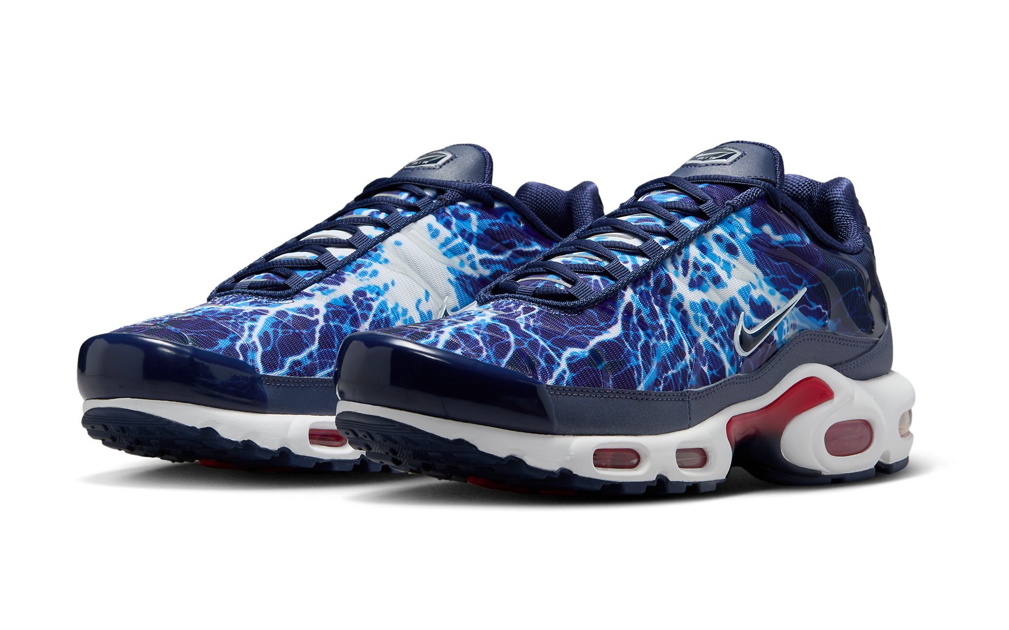 Nike Air Max Plus “Eclair / Lightning” — Midnight Navy / Salsa Red / White / Metallic Silver / Clear · 2025 retro