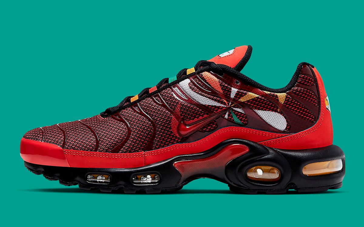 Nike Air Max Plus “Sunburst” — Black / Red / University Gold · 2019 edition