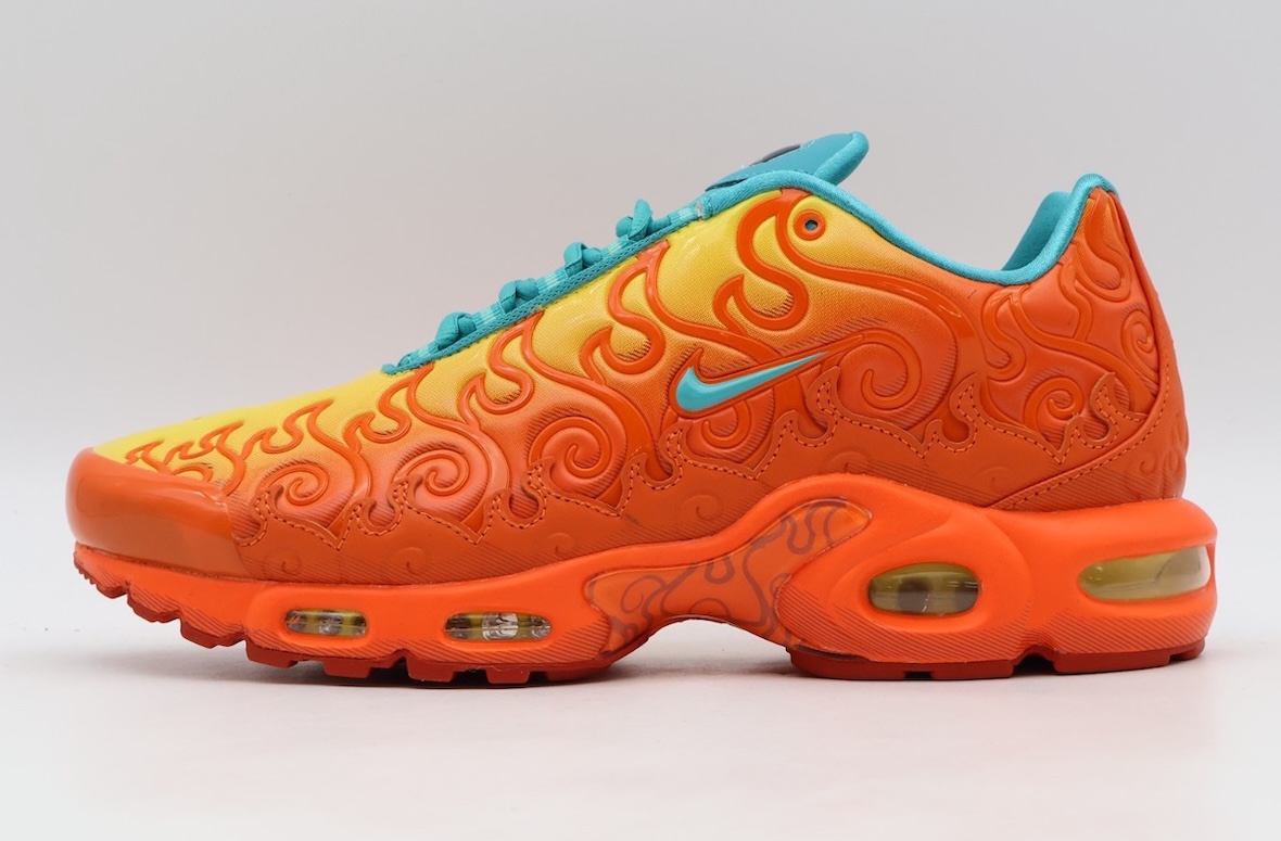 One Piece × Nike Air Max Plus Mera Mera no Mi — Brilliant Orange / Jade accents
